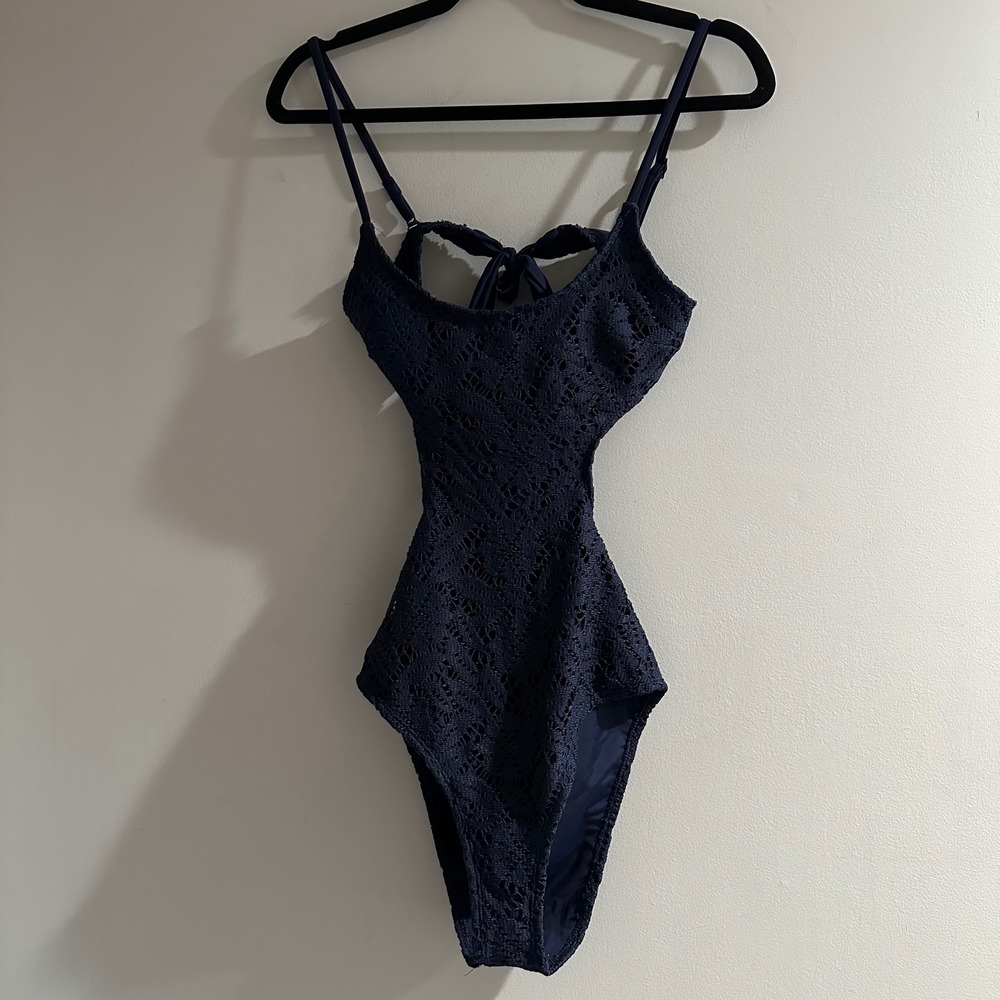 Aerie Navy Blue Crochet Lace One Piece Cheeky Swimsuit Women's M